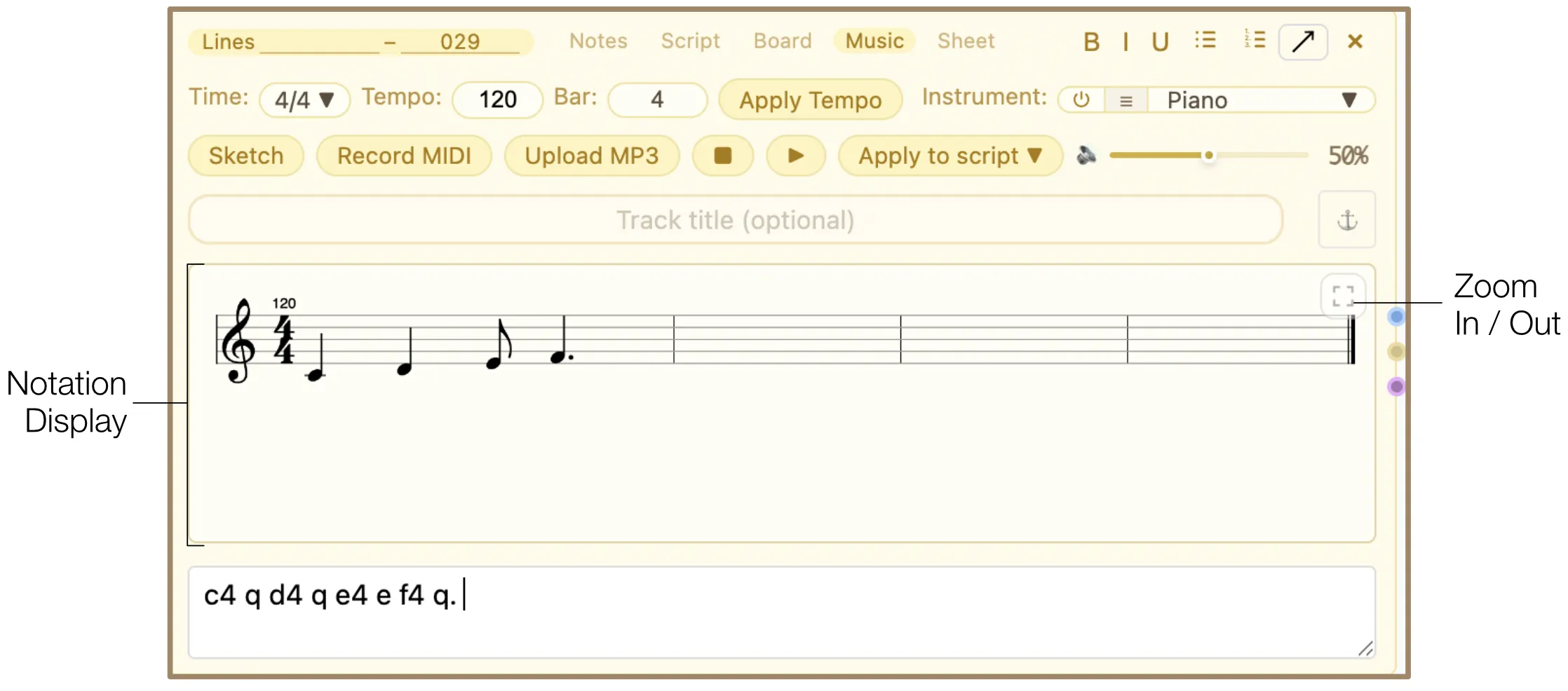Notation Display rendering typed music instructions as engraved sheet music